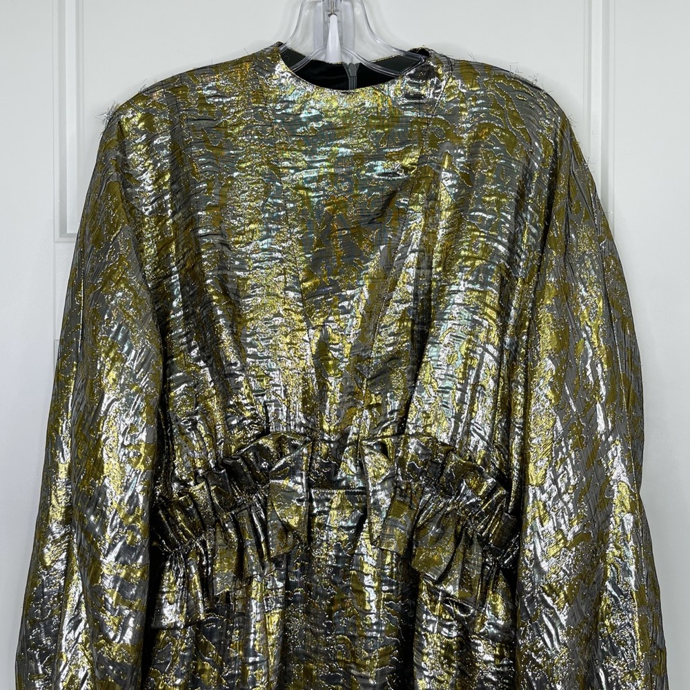 DRIES VAN NOTEN Ruffle Trimmed Metallic Silk Blend Brocade Dress NEW Silver Gold - Picture 3 of 15
